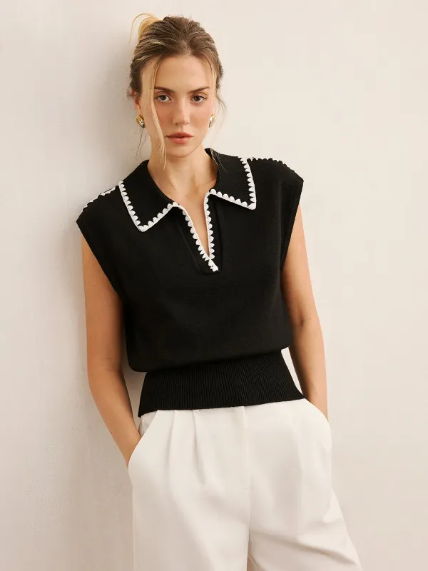 Contrast Trim Sleeveless Knit Polo Vest sold by COMMENSE