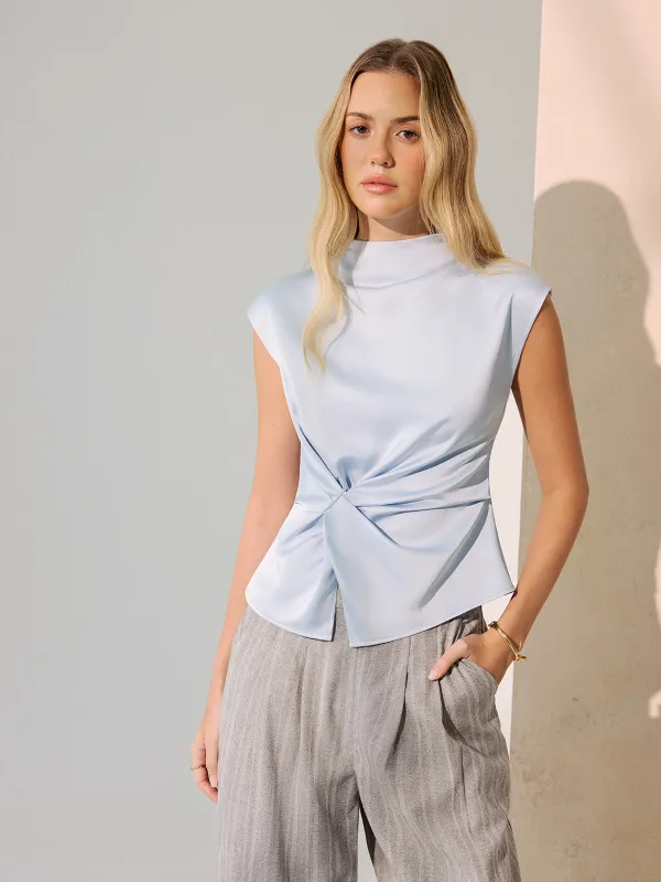 Twist-Front Satin Mock Neck Sleeveless Top made by COMMENSE