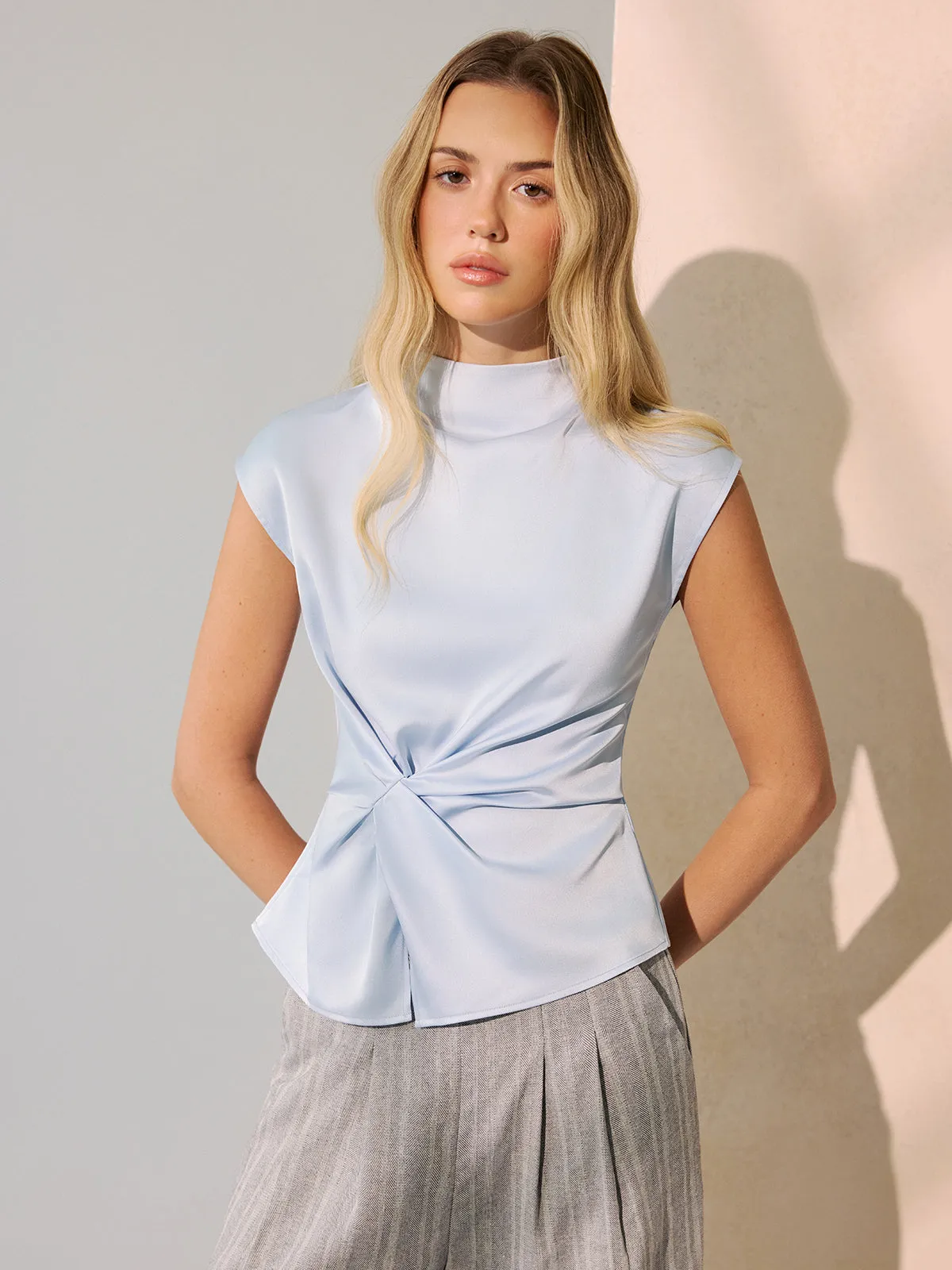 Twist-Front Satin Mock Neck Sleeveless Top sold by COMMENSE product image thumbnail 2