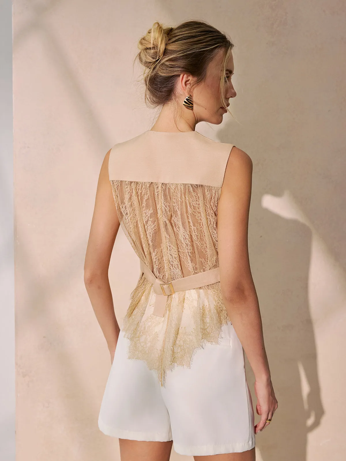 Lace Back Tie-Waist Linen Blend Vest sold by COMMENSE