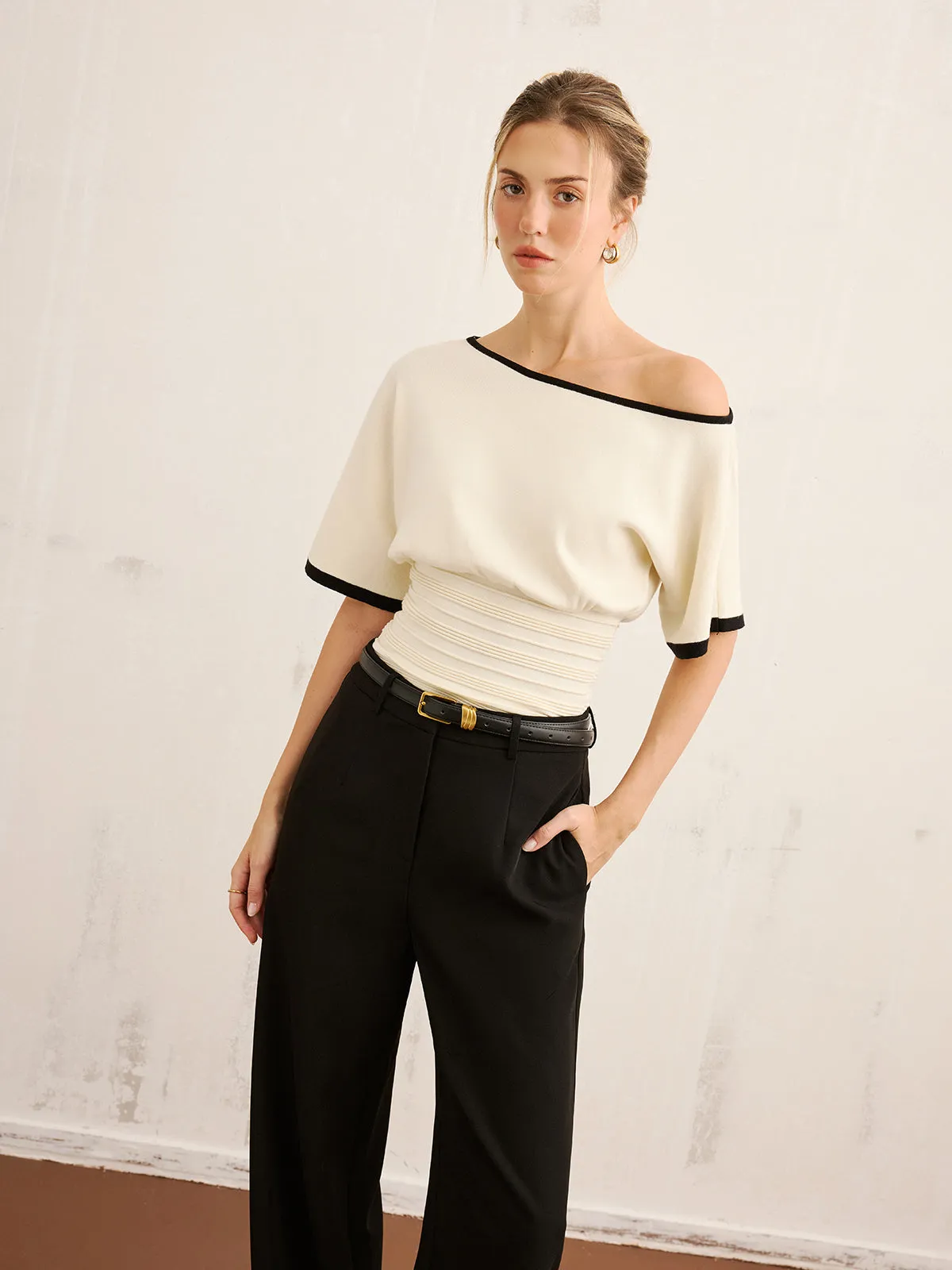 Contrast Trim Cinched Waist Knit Top sold by COMMENSE product image thumbnail 3
