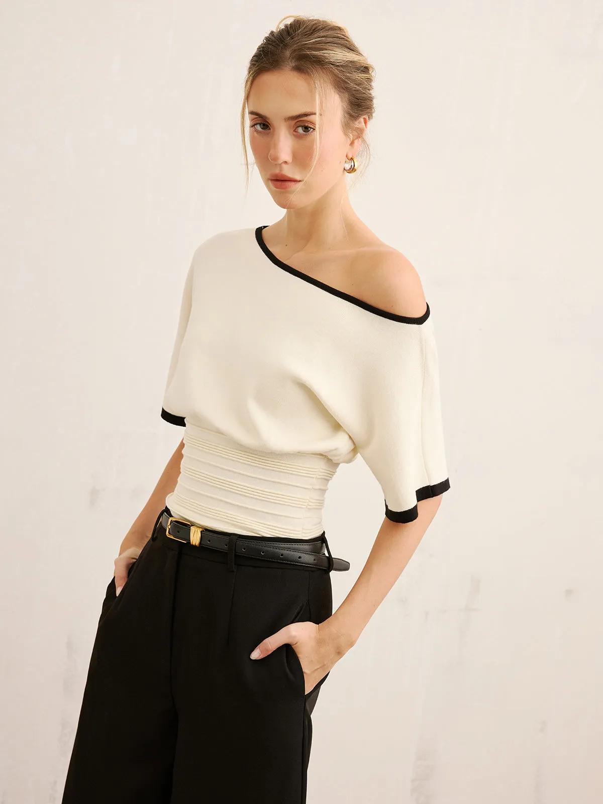 Contrast Trim Cinched Waist Knit Top sold by COMMENSE product image thumbnail 4