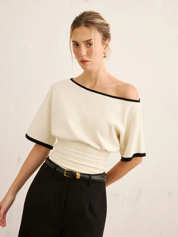 Contrast Trim Cinched Waist Knit Top sold by COMMENSE