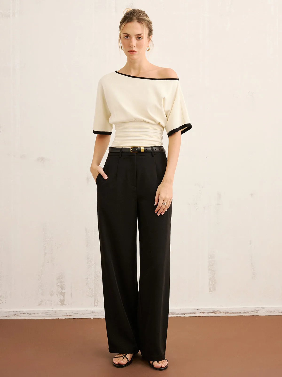 Contrast Trim Cinched Waist Knit Top sold by COMMENSE product image thumbnail 2