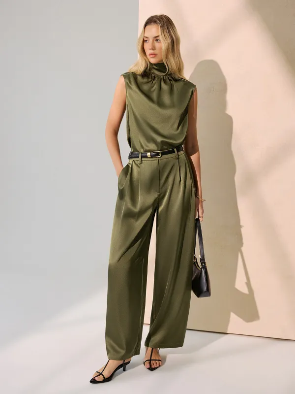 Satin Sleeveless Top & Wide-Leg Pants Set without Belt sold by COMMENSE