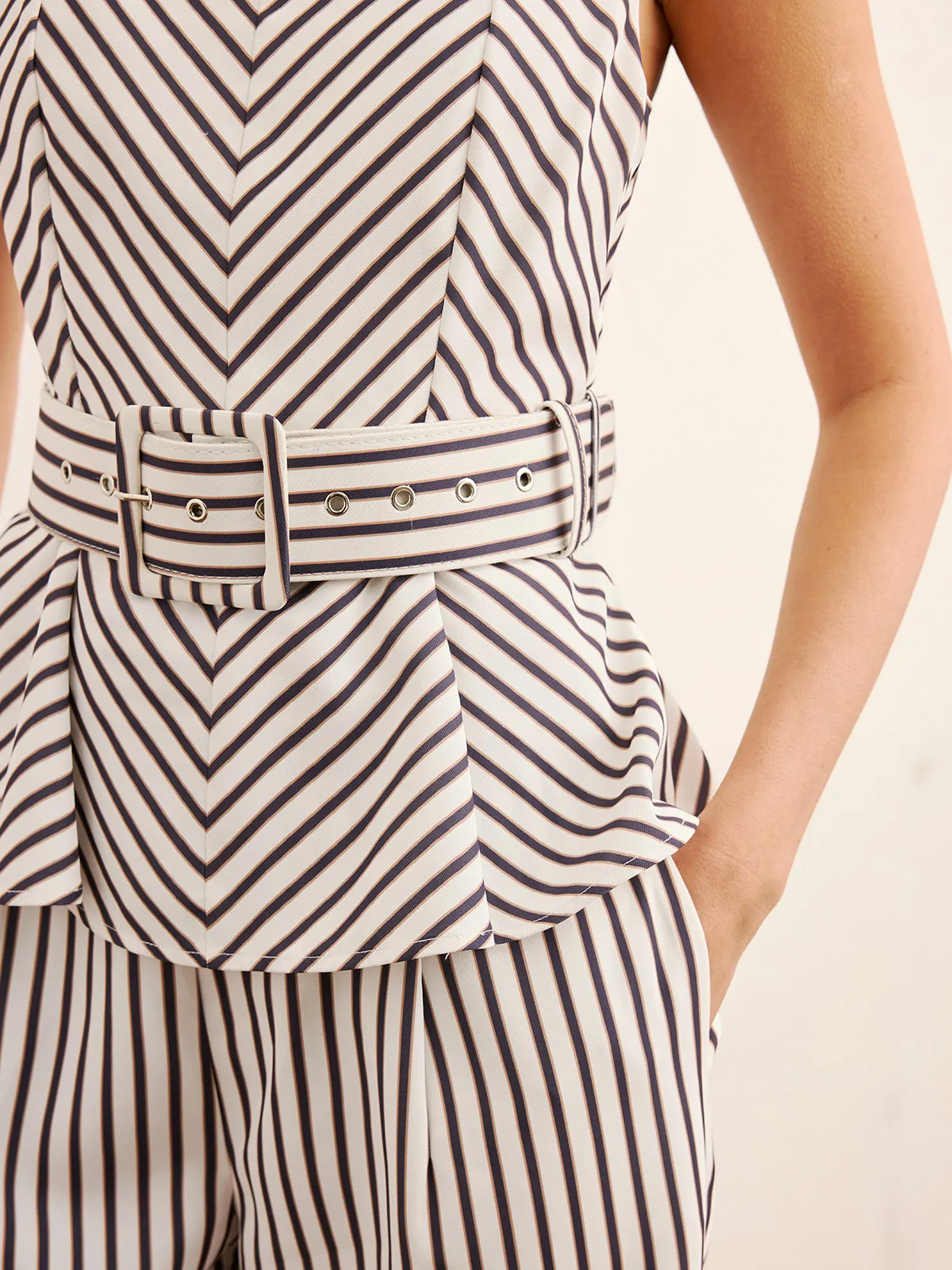 Striped Peplum Top & Wide-Leg Pants Set sold by COMMENSE product image thumbnail 5