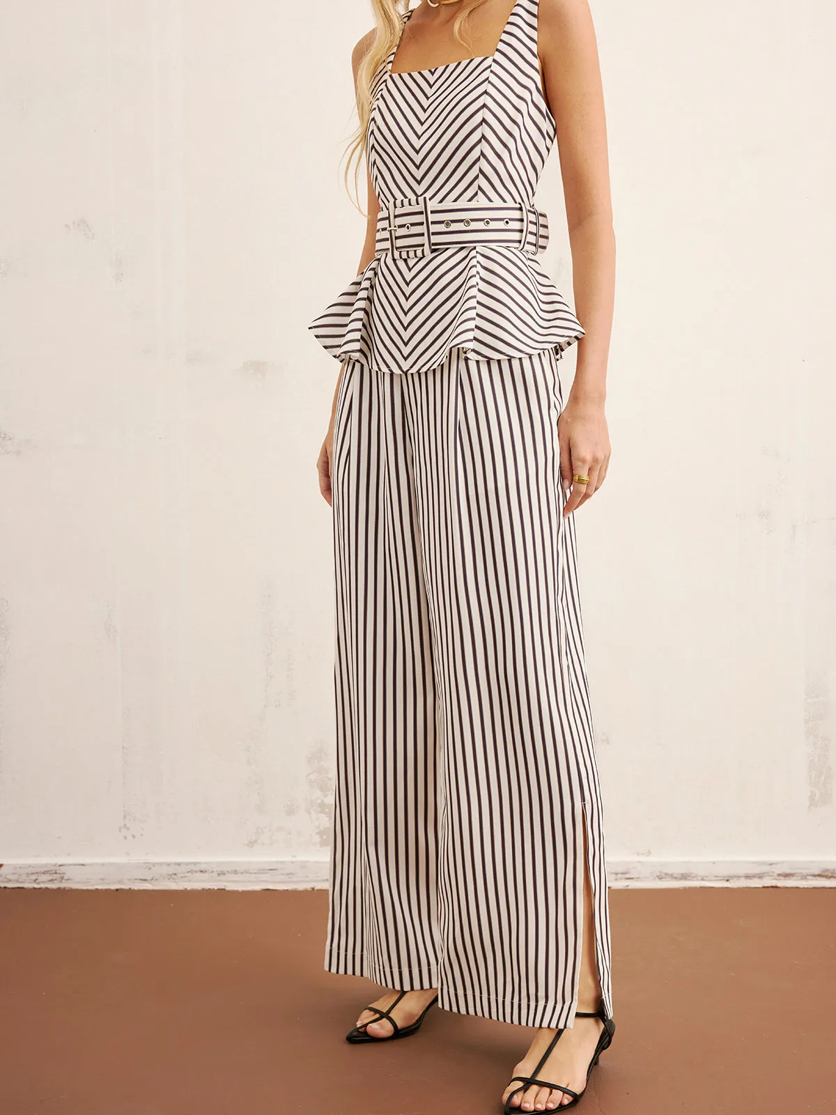 Striped Peplum Top & Wide-Leg Pants Set sold by COMMENSE product image thumbnail 4