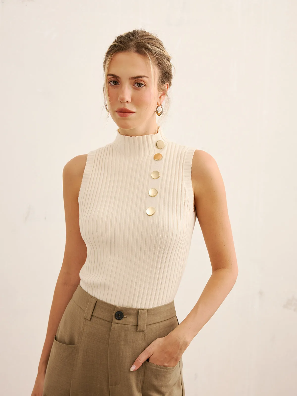 Metal Detail Ribbed Knit Mock Neck Tank Top sold by COMMENSE product image thumbnail 4