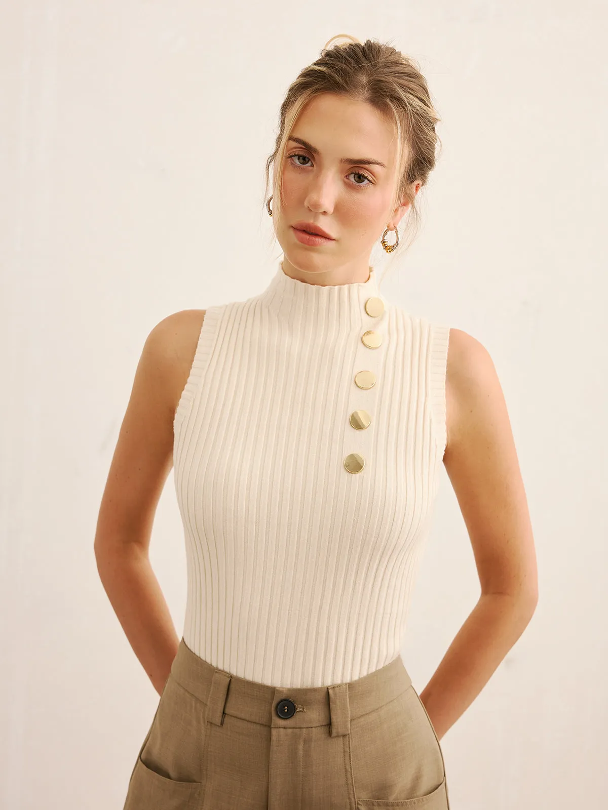 Metal Detail Ribbed Knit Mock Neck Tank Top sold by COMMENSE