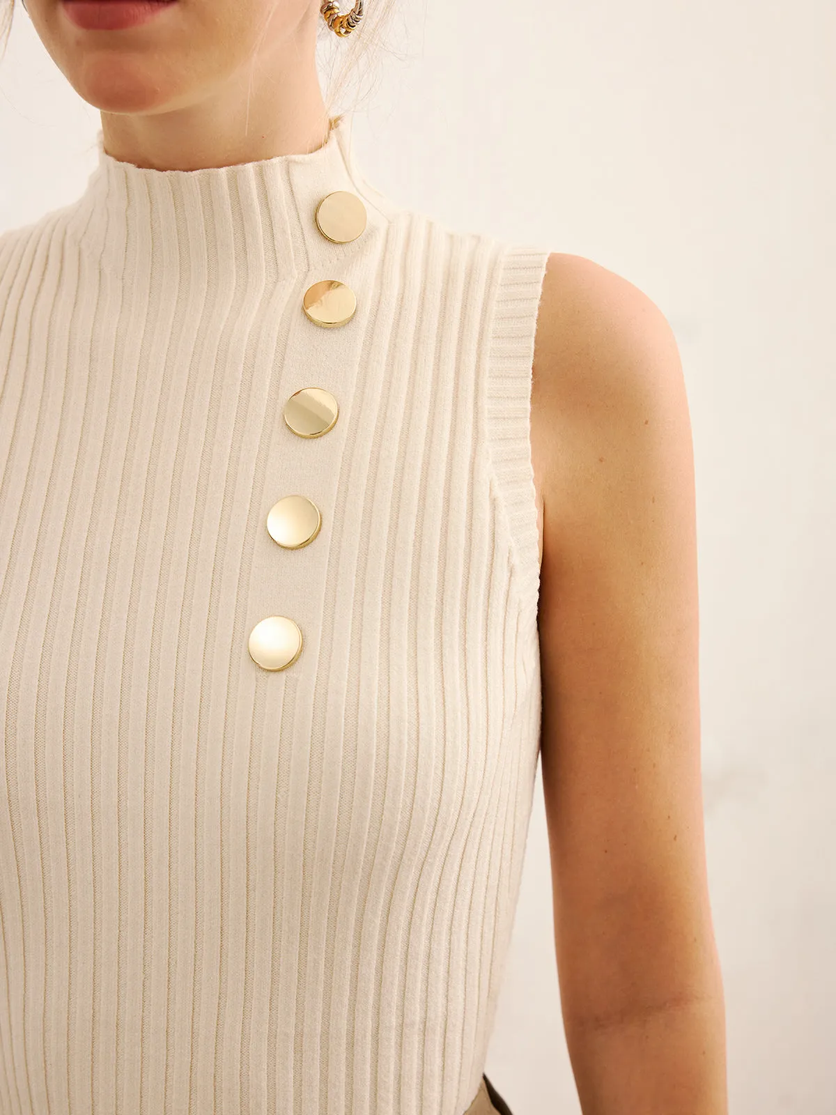 Metal Detail Ribbed Knit Mock Neck Tank Top sold by COMMENSE product image thumbnail 5