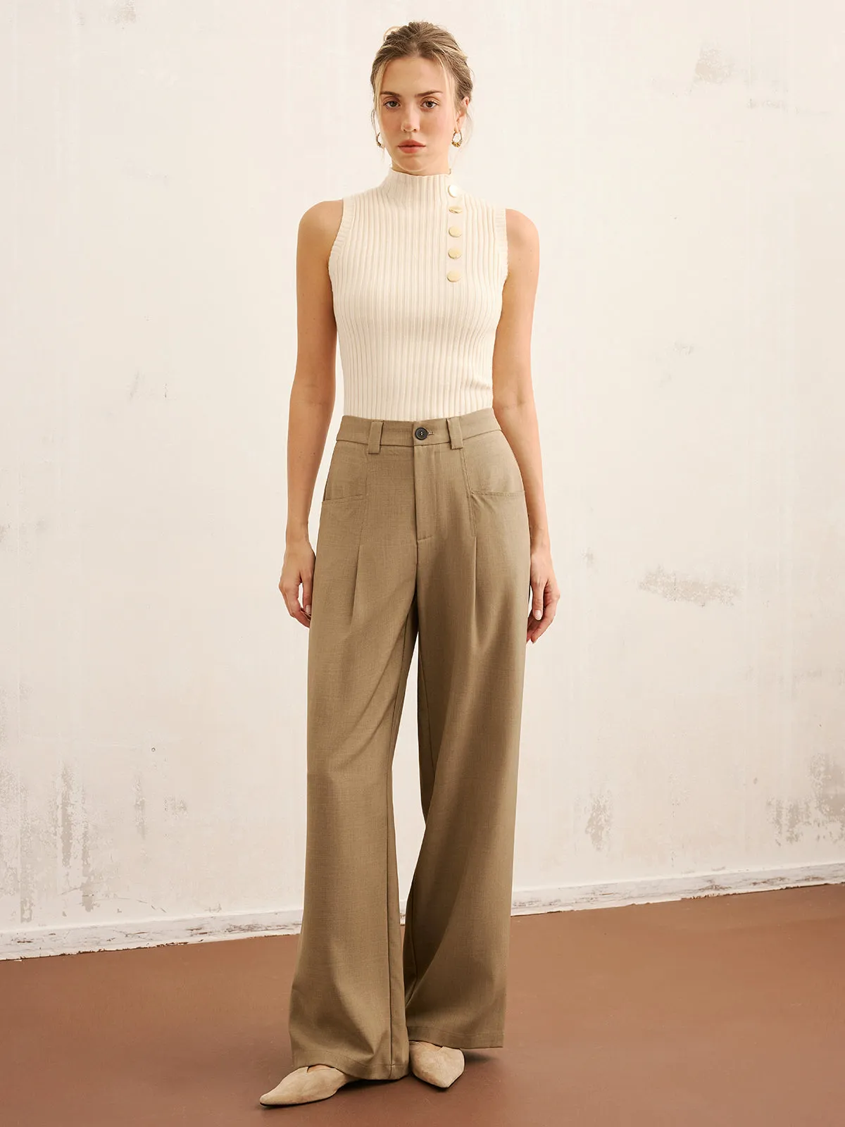 Metal Detail Ribbed Knit Mock Neck Tank Top sold by COMMENSE product image thumbnail 2