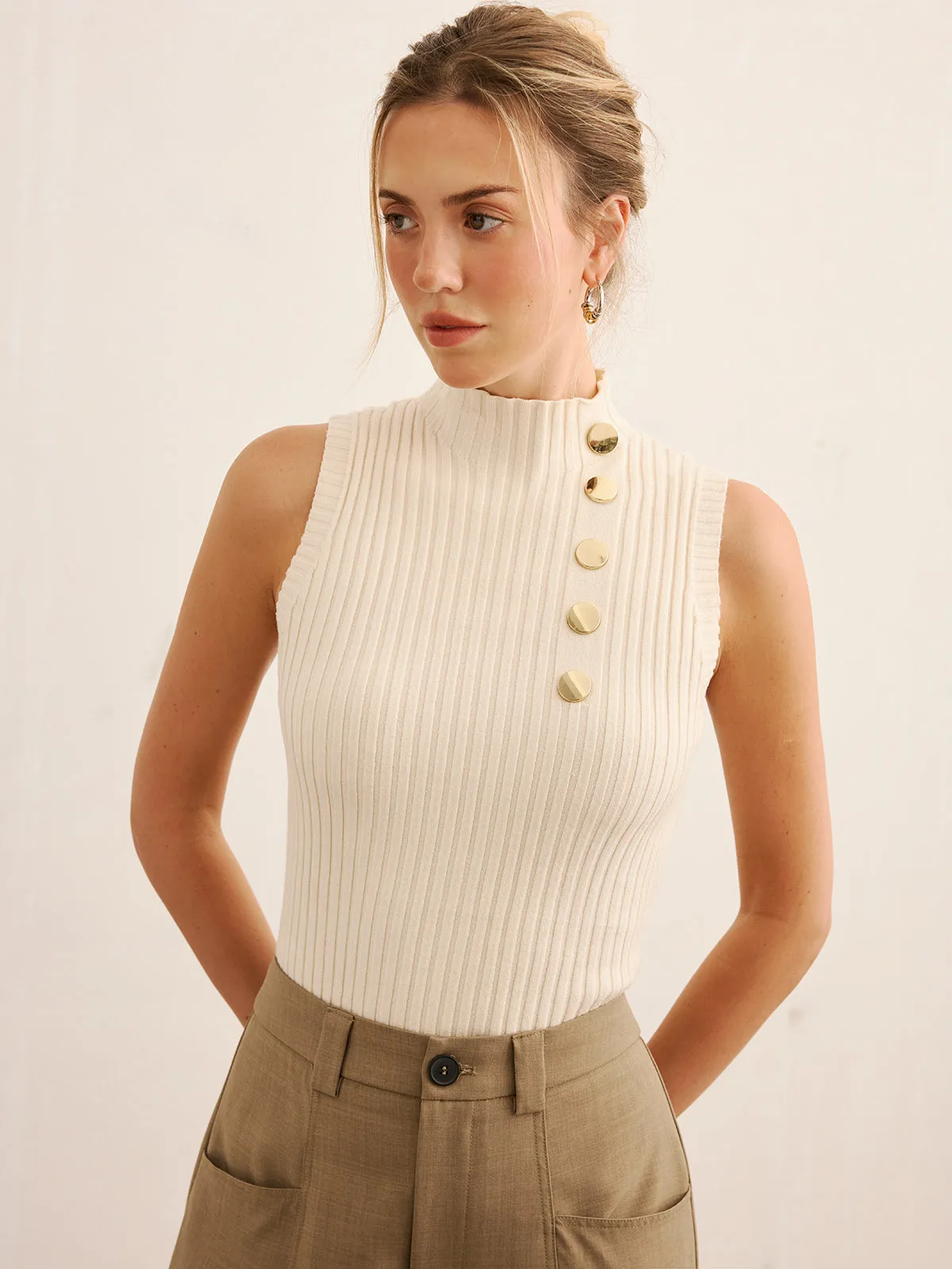 Metal Detail Ribbed Knit Mock Neck Tank Top sold by COMMENSE product image thumbnail 3