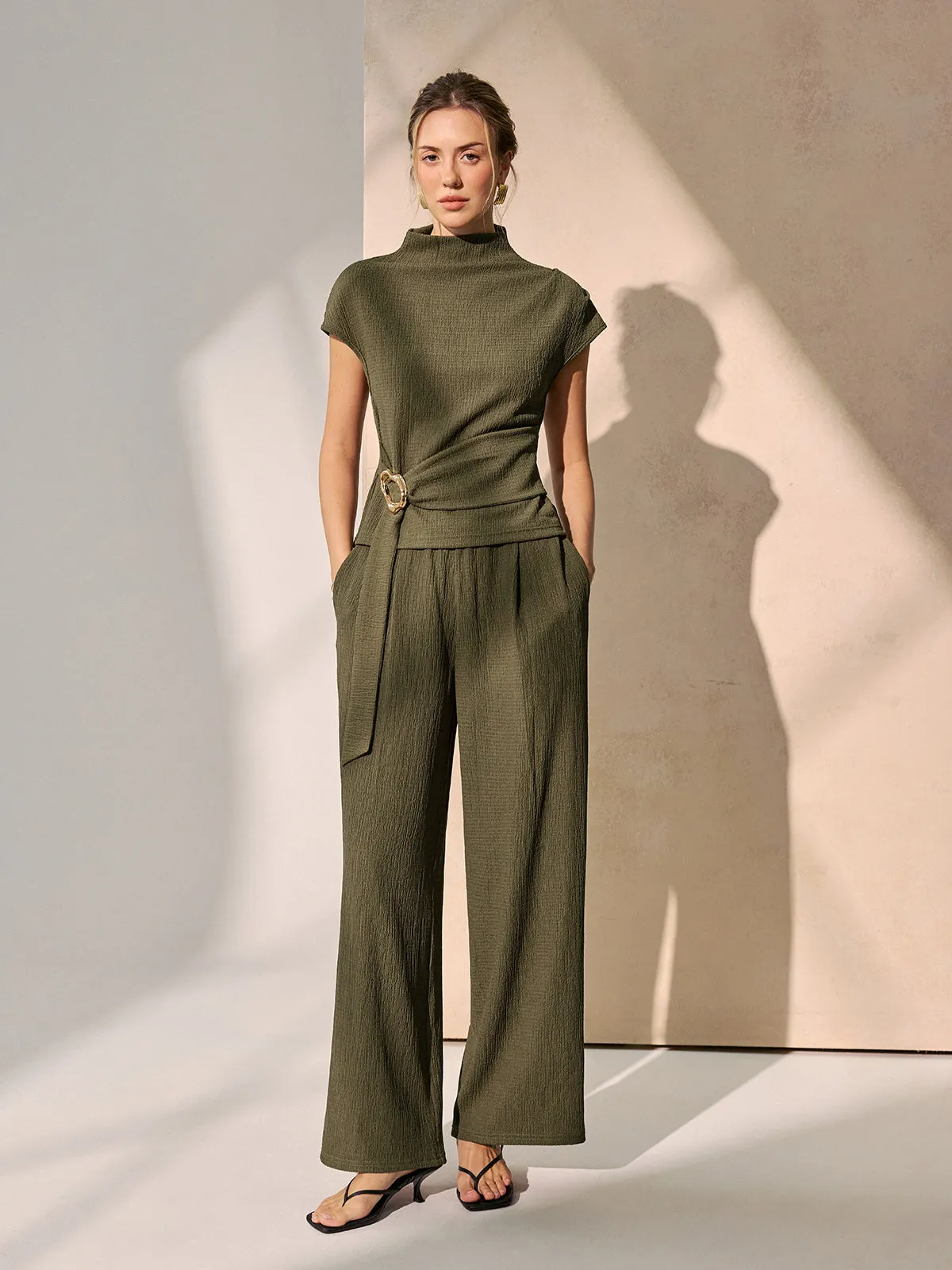 Tie-Waist Textured Knit Top & Pants Set sold by COMMENSE product image thumbnail 2