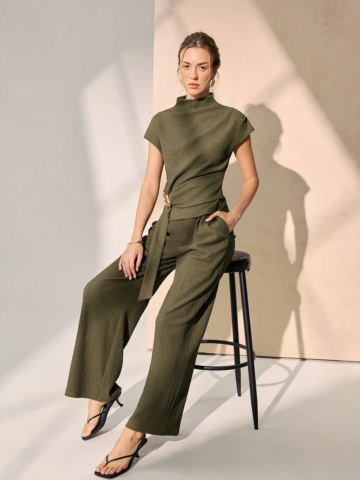 Tie-Waist Textured Knit Top & Pants Set sold by COMMENSE product image thumbnail 3