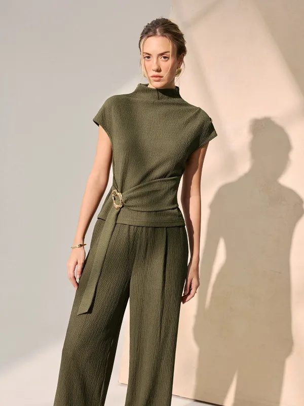Tie-Waist Textured Knit Top & Pants Set made by COMMENSE