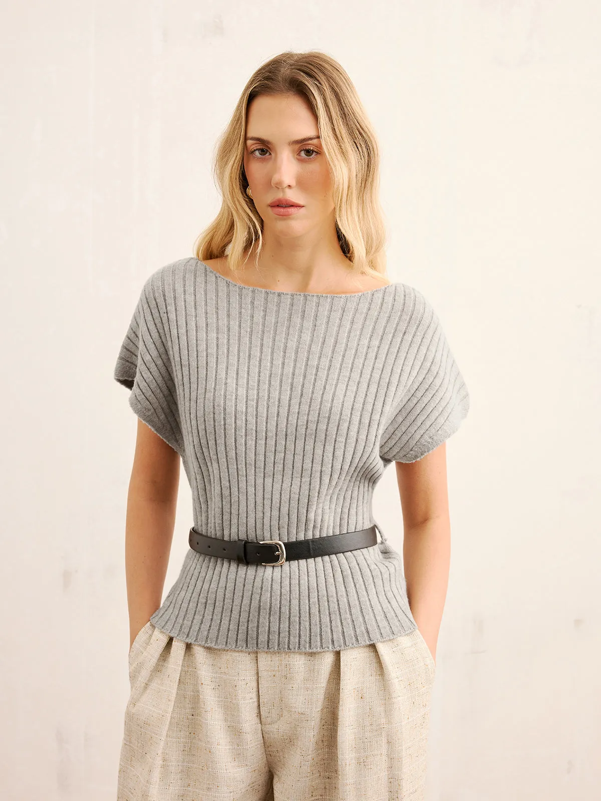 Belted Ribbed Knit Boat Neck Top sold by COMMENSE product image thumbnail 2