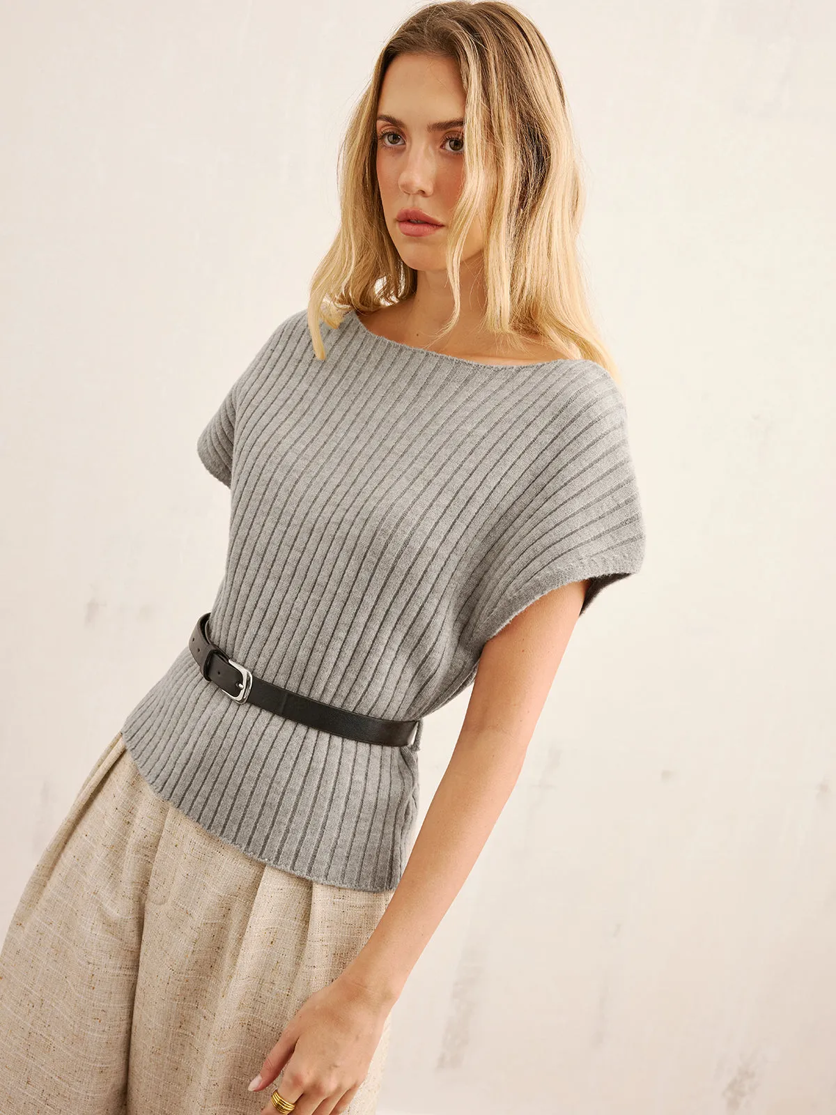 Belted Ribbed Knit Boat Neck Top sold by COMMENSE product image thumbnail 4