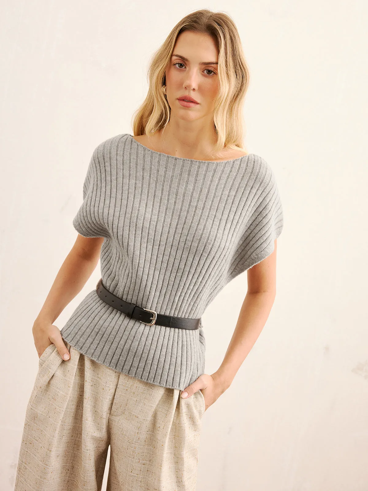 Belted Ribbed Knit Boat Neck Top sold by COMMENSE product image thumbnail 3