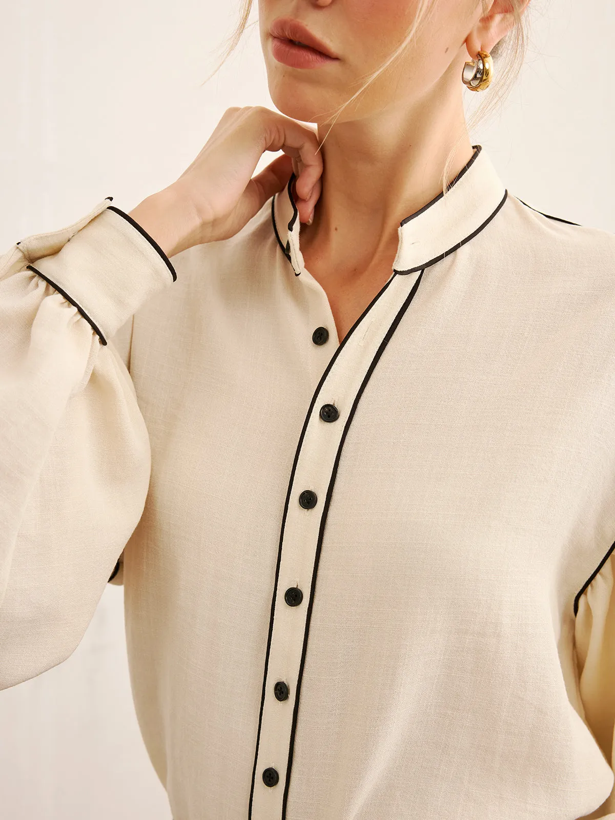 Contrast Piping Mandarin Collar Blouse sold by COMMENSE product image thumbnail 5