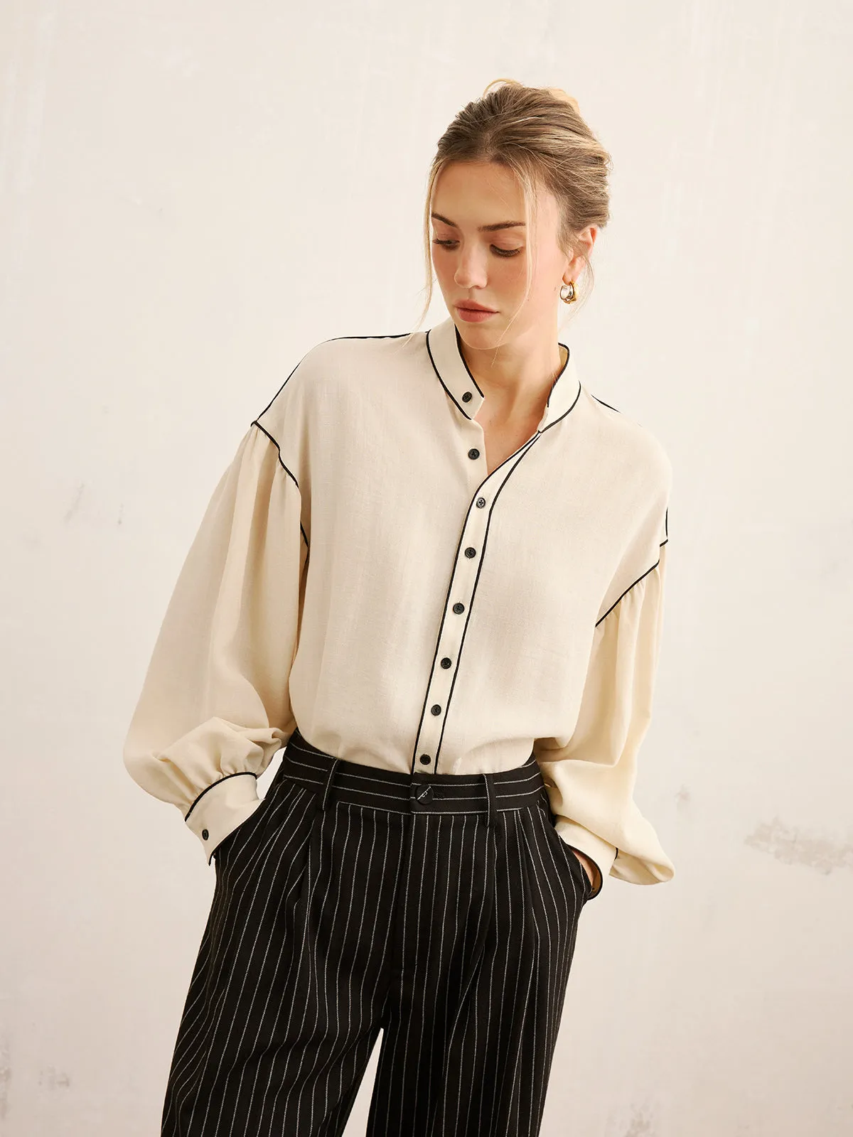 Contrast Piping Mandarin Collar Blouse sold by COMMENSE product image thumbnail 2