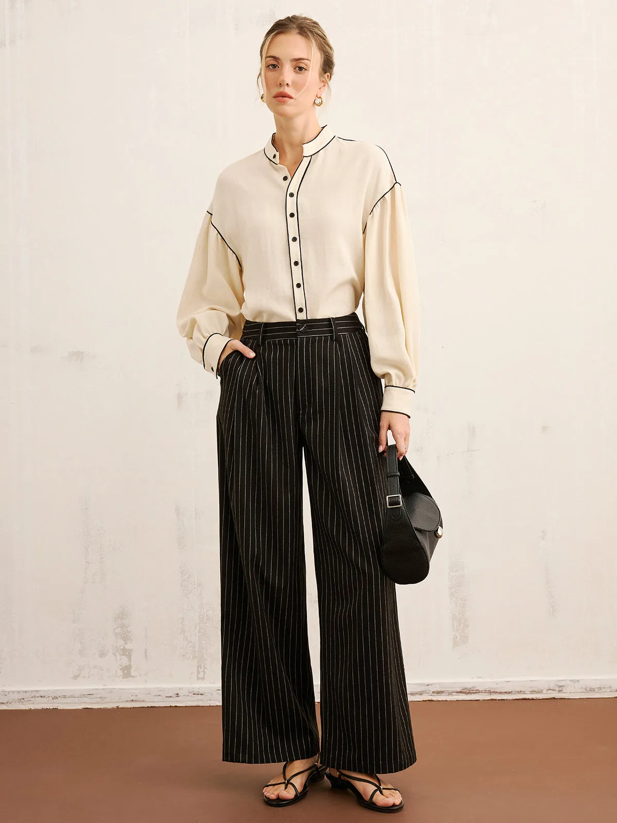 Contrast Piping Mandarin Collar Blouse sold by COMMENSE product image thumbnail 3