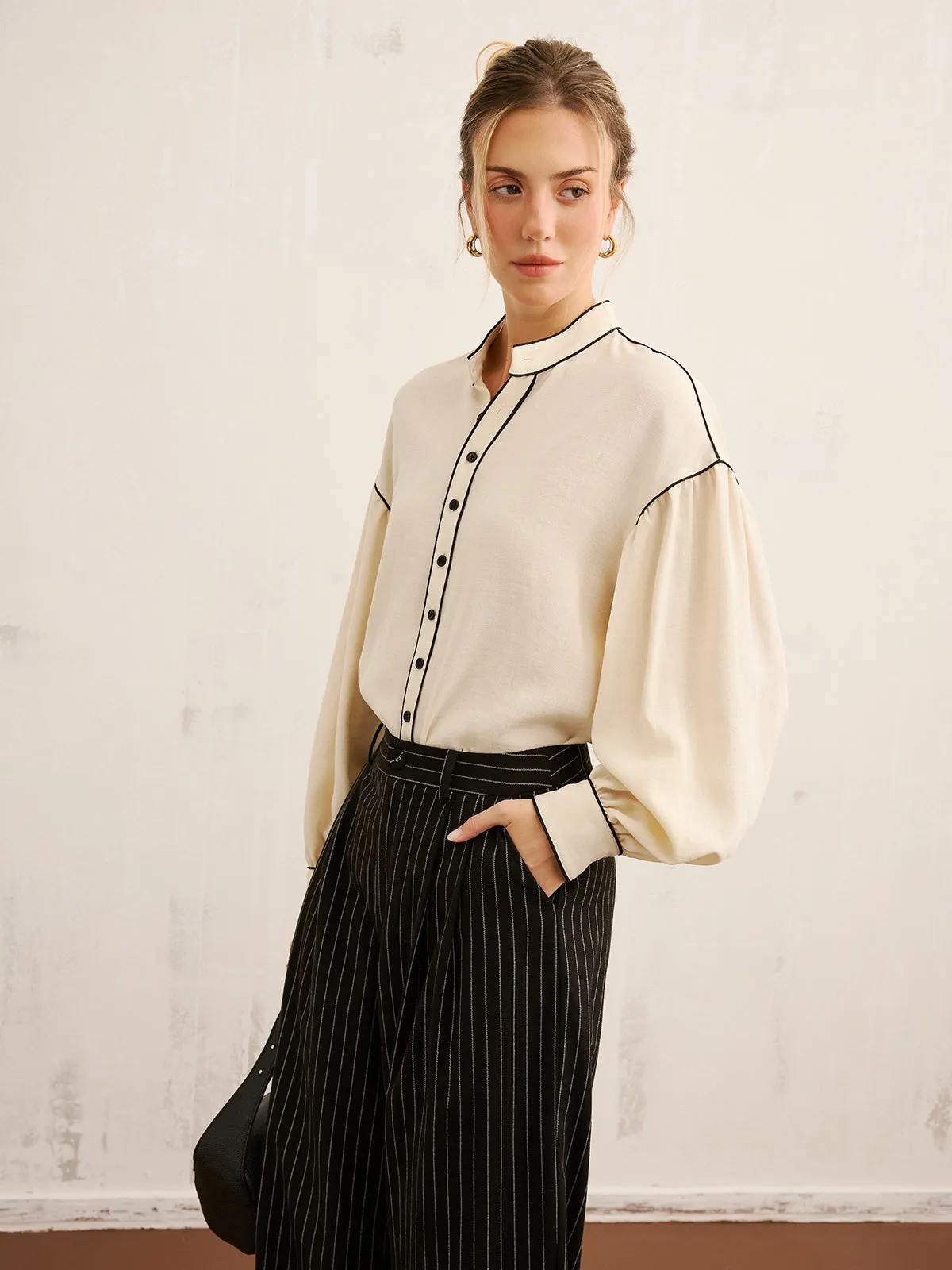 Contrast Piping Mandarin Collar Blouse sold by COMMENSE product image thumbnail 4