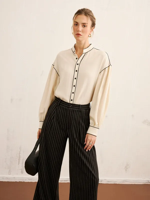 Contrast Piping Mandarin Collar Blouse made by COMMENSE