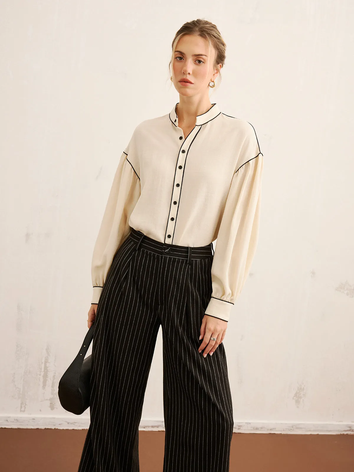 Contrast Piping Mandarin Collar Blouse sold by COMMENSE