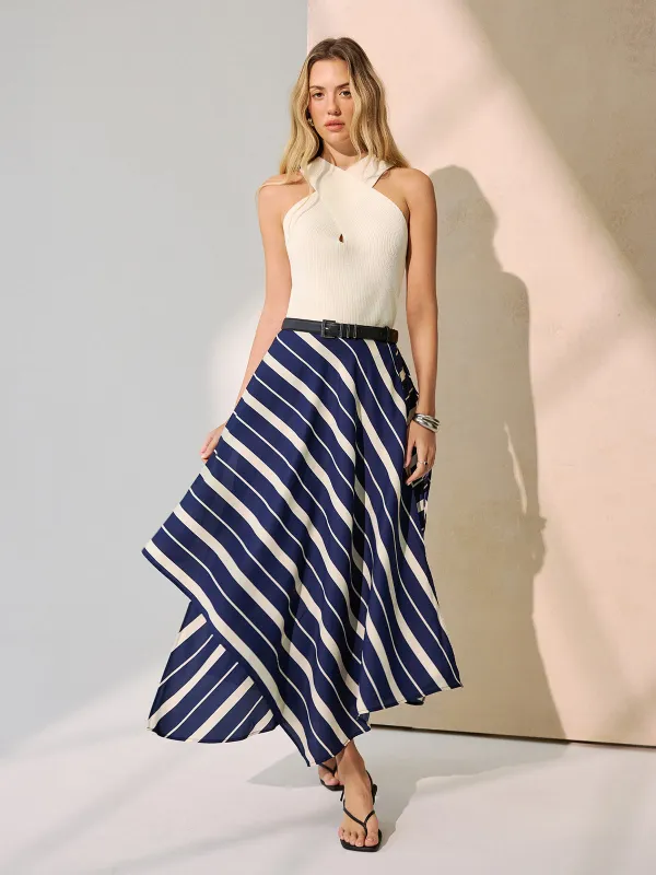 Diagonal Stripe Asymmetric Midi Skirt without Belt sold by COMMENSE