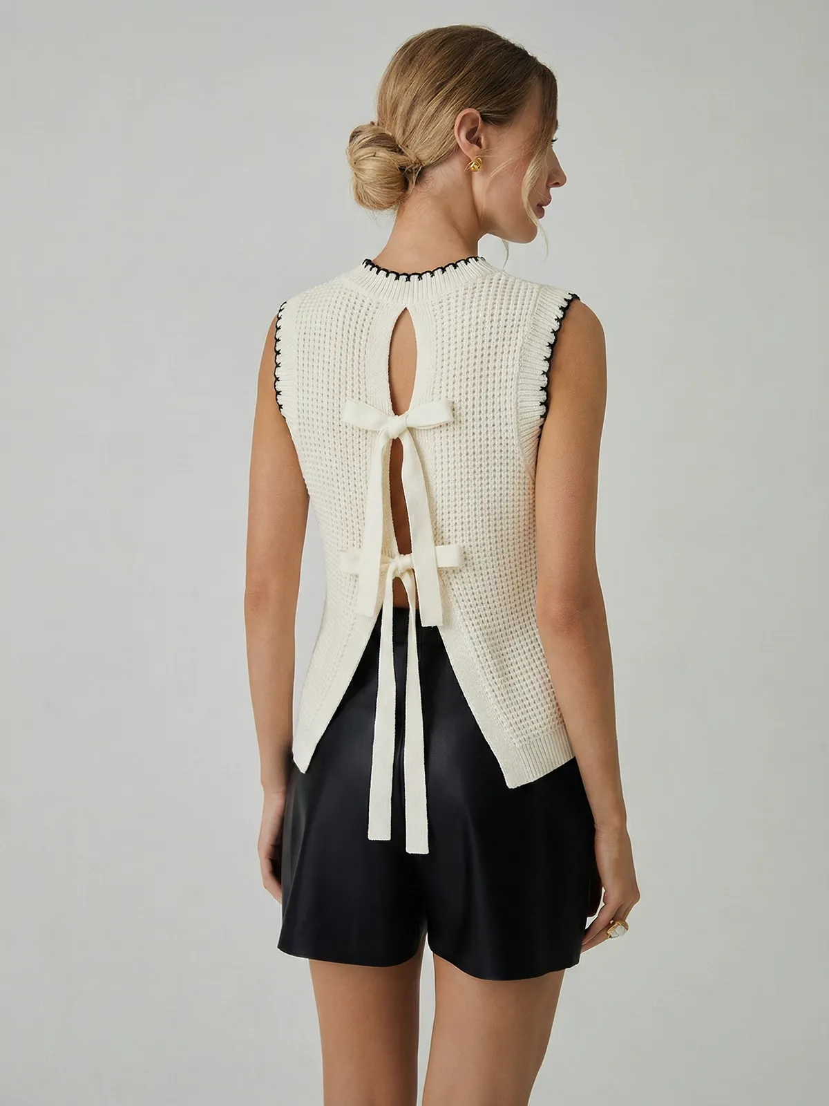 Bow Detail Waffle Knit Sleeveless Top sold by COMMENSE