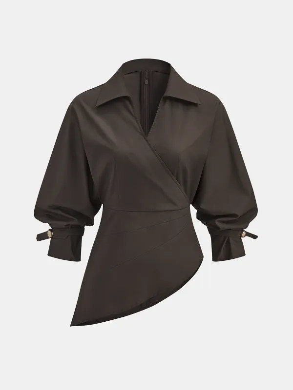 Tencel-Blend Asymmetric Wrap Blouse sold by COMMENSE