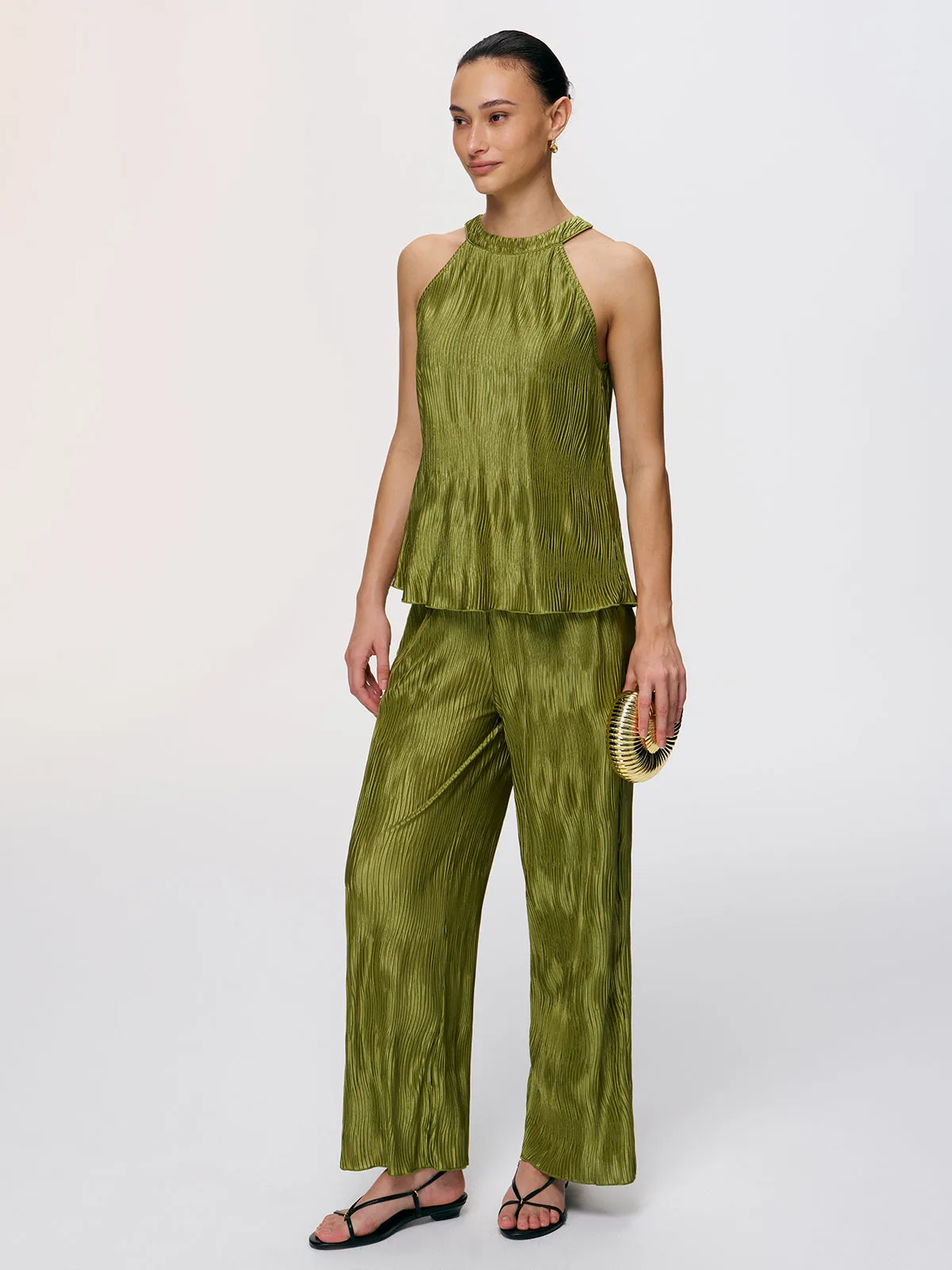 Vertical Pleated Halter Top & Pants Set sold by COMMENSE