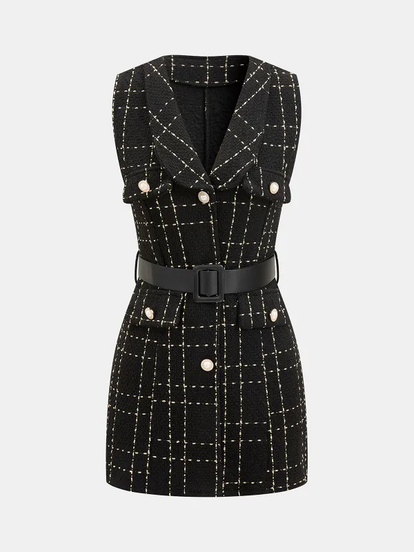 Belted Plaid Tweed Sleeveless Mini Dress made by COMMENSE