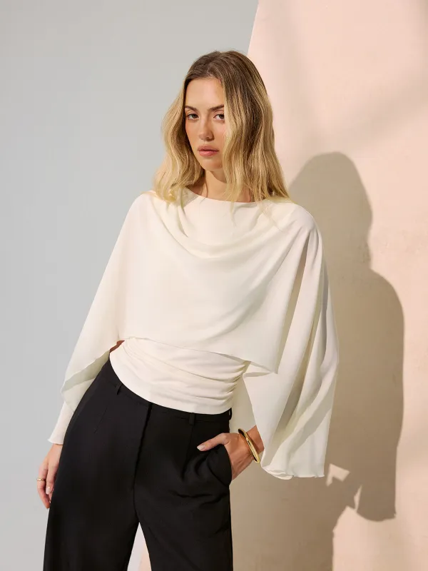 Backless Draped Cape-Sleeve Blouse sold by COMMENSE