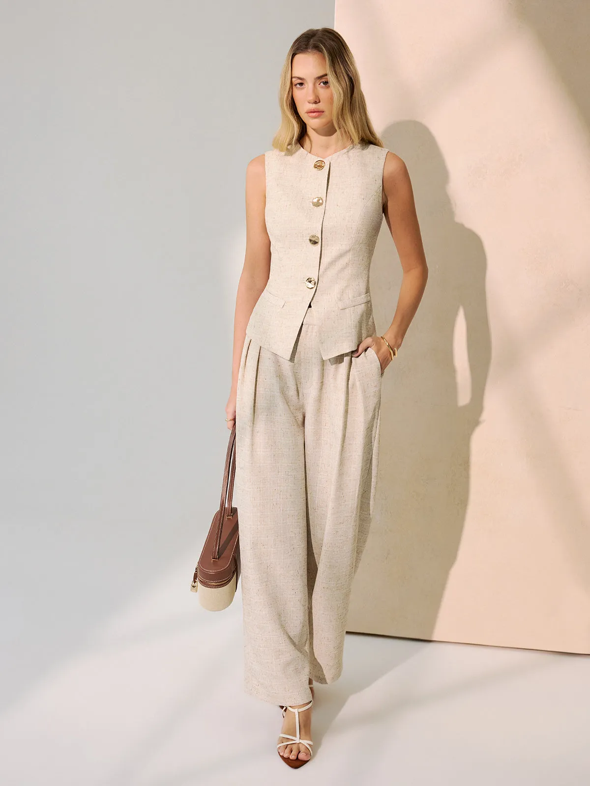 Metal Button Vest & Wide-Leg Pants Set sold by COMMENSE