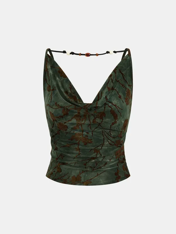 Flocked Floral Cowl Neck Cami Top sold by COMMENSE