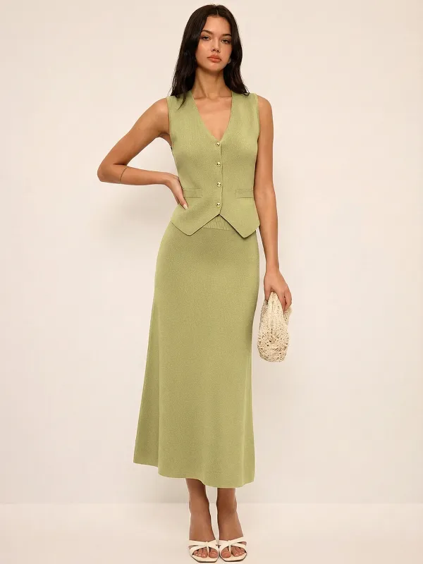 Metal Button Knit Vest & Midi Skirt Set sold by COMMENSE