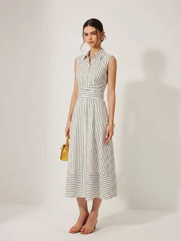 Striped Collared Sleeveless Tie Waist Midi Dress sold by COMMENSE