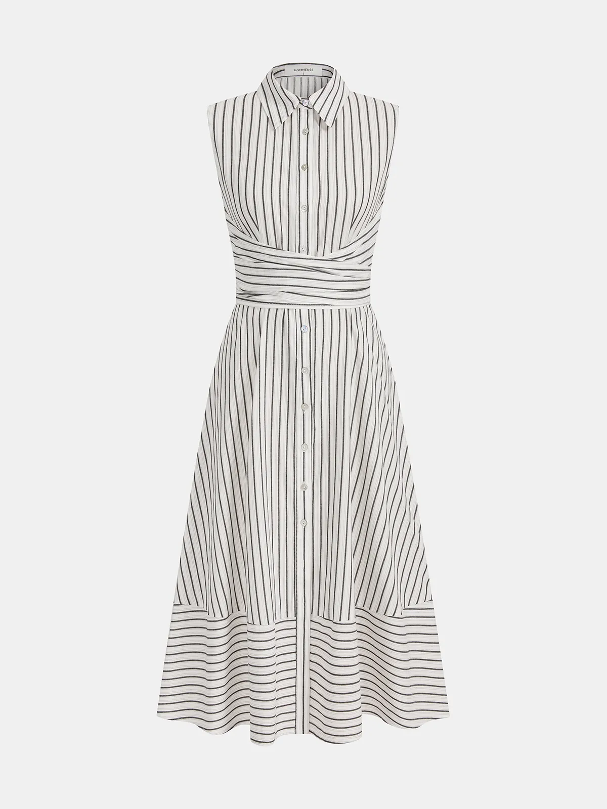 Striped Collared Sleeveless Tie Waist Midi Dress sold by COMMENSE product image thumbnail 2
