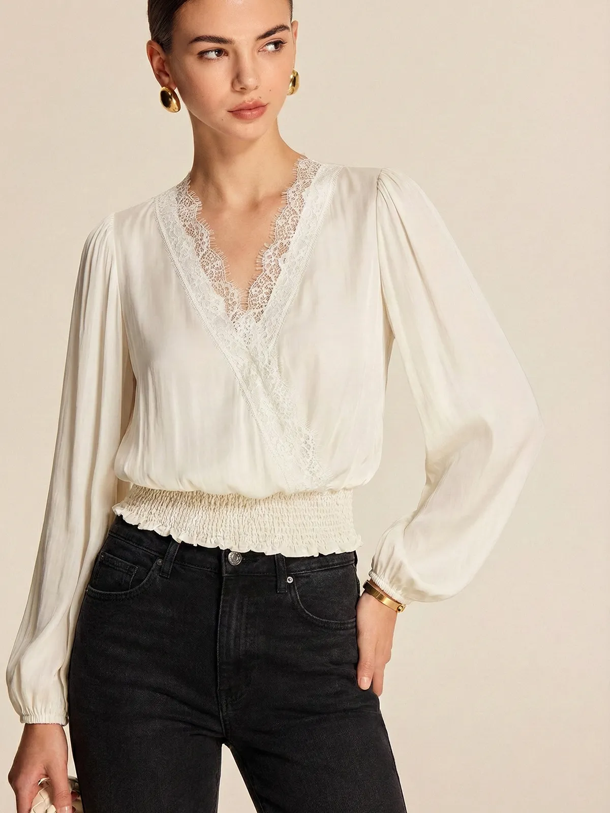 Lace Trim Smocked Waist Long Sleeve Blouse sold by COMMENSE