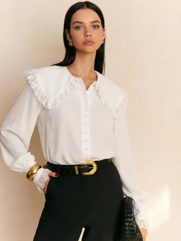Lace-Trimmed Wide-Collar Blouse sold by COMMENSE