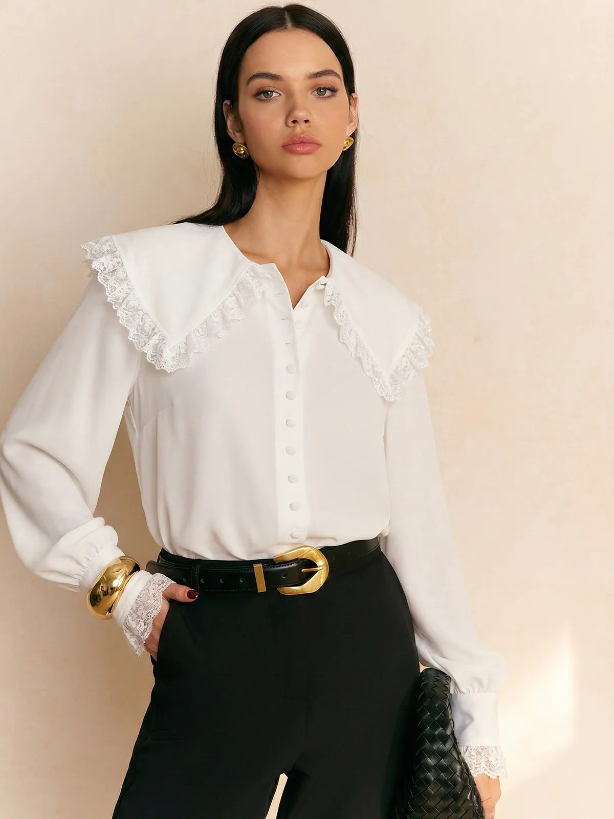 Lace-Trimmed Wide-Collar Blouse sold by COMMENSE