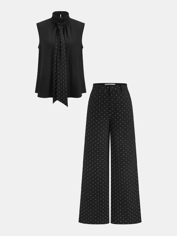 Polka Dot Tie Neck Top & Wide Leg Pants Set made by COMMENSE