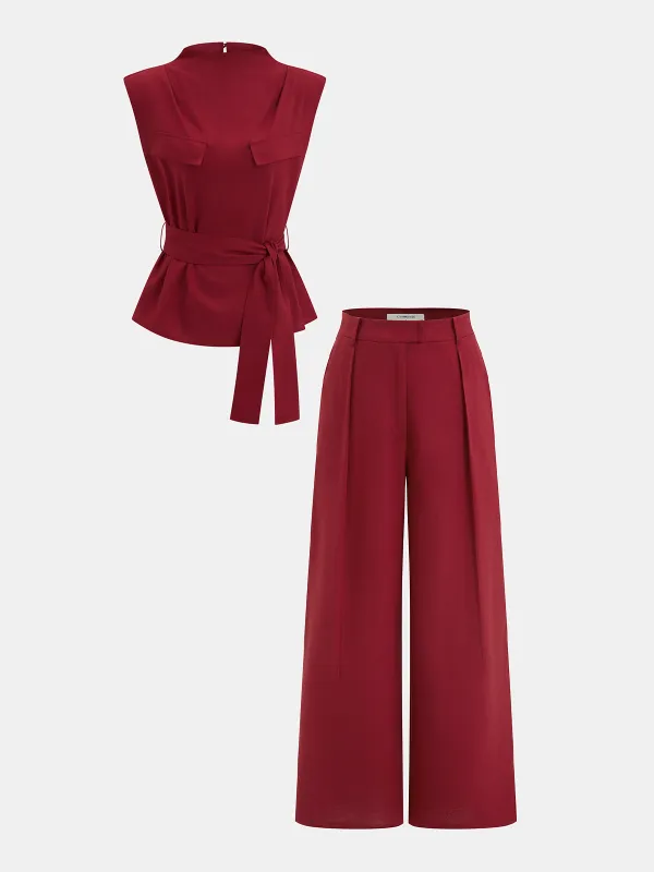 Belted Sleeveless Top & Wide Leg Pants Set sold by COMMENSE
