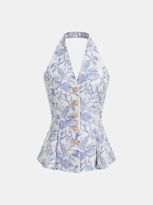 Floral Print Halter Button-Front Vest Top sold by COMMENSE