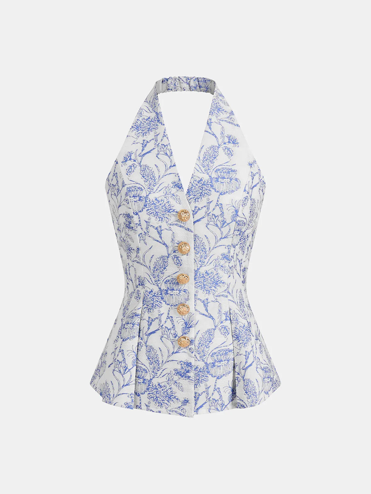 Floral Print Halter Button-Front Vest Top sold by COMMENSE