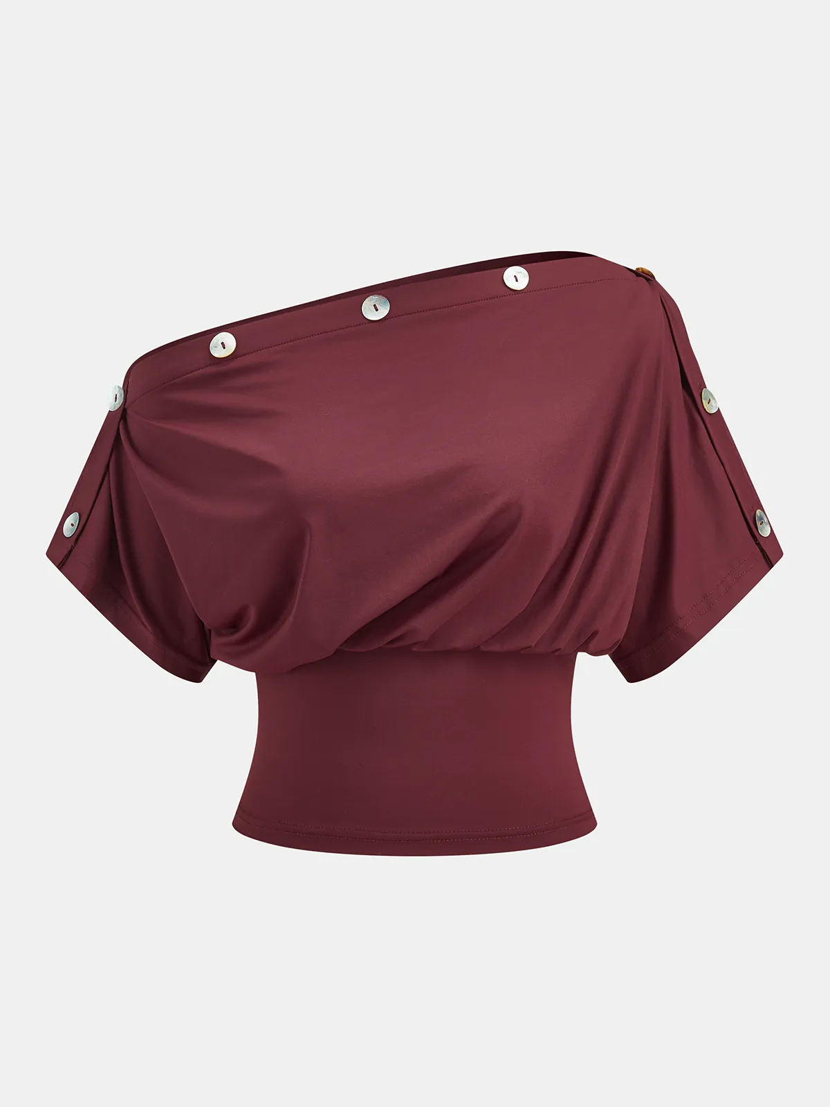 Asymmetrical Off-Shoulder Button Detail Top sold by COMMENSE