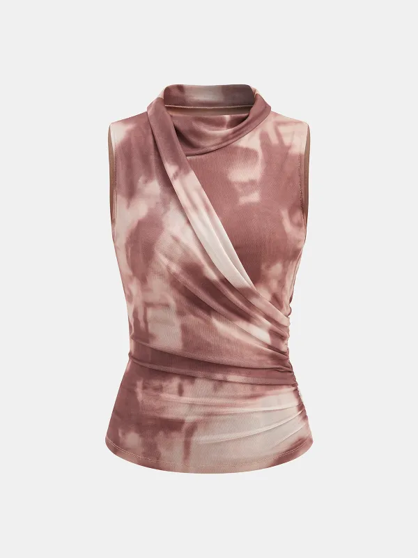 Tie Dye Mesh Ruched Asymmetric Sleeveless Top sold by COMMENSE