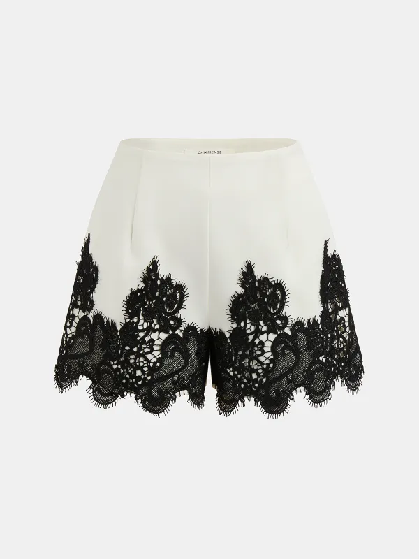 Contrast Lace Trim Mid-Waist Shorts sold by COMMENSE