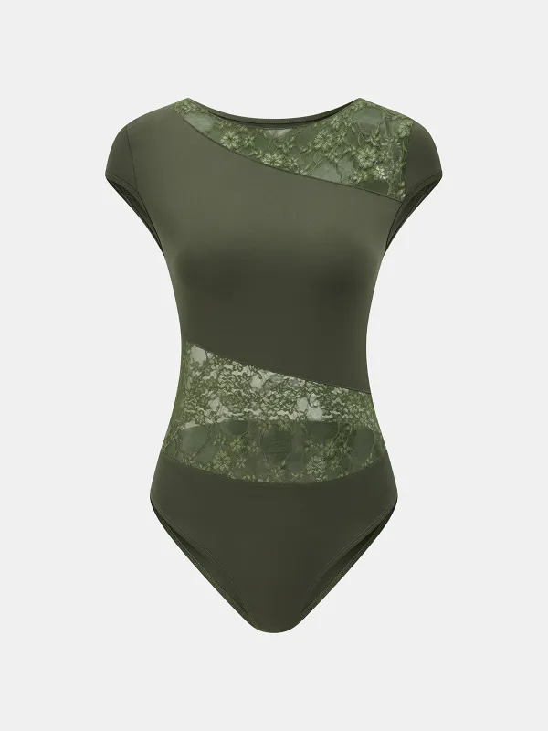 Lace Panel Cap Sleeve Bodysuit sold by COMMENSE